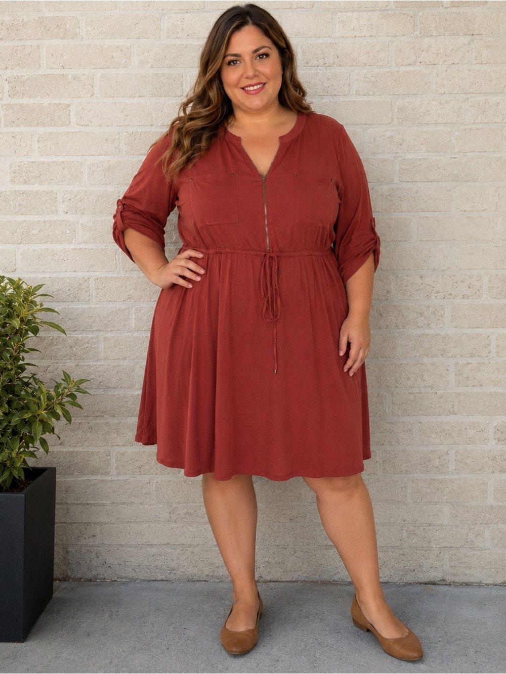 torrid Rust Red Zip-Front Drawstring Tunic Dress